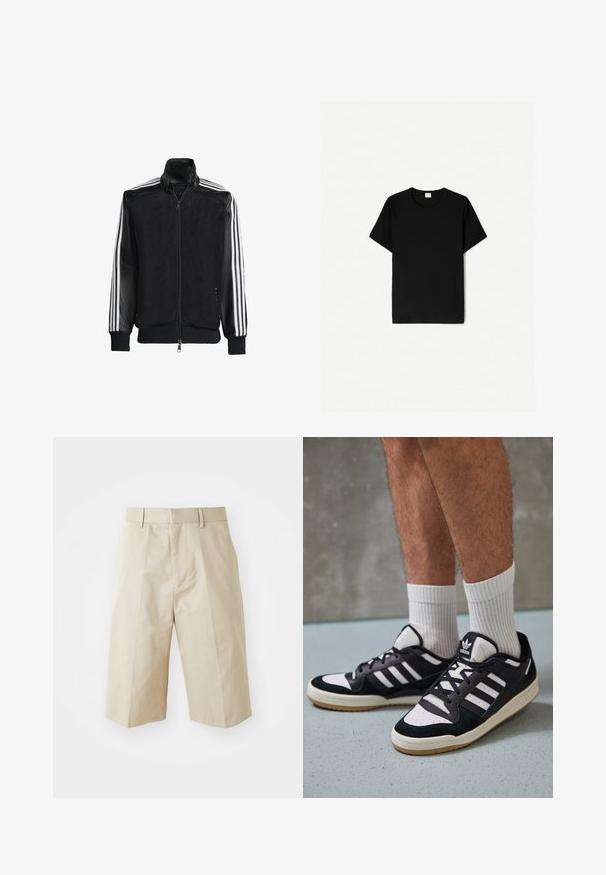 Black mesh jacket with a zip front, featuring solid black sleeves and three white stripes along the arms. Ribbed cuffs and hem.; Black short-sleeve t-shirt, crew neck design, made of soft cotton material, with a smooth texture and no visible patterns or accents.; Beige tailored shorts with a straight cut, featuring belt loops, pleated front, and a smooth cotton texture. No pockets or additional details.; Black and white sneakers with a suede and leather upper, featuring three white stripes, a perforated toe, and a gum rubber sole.