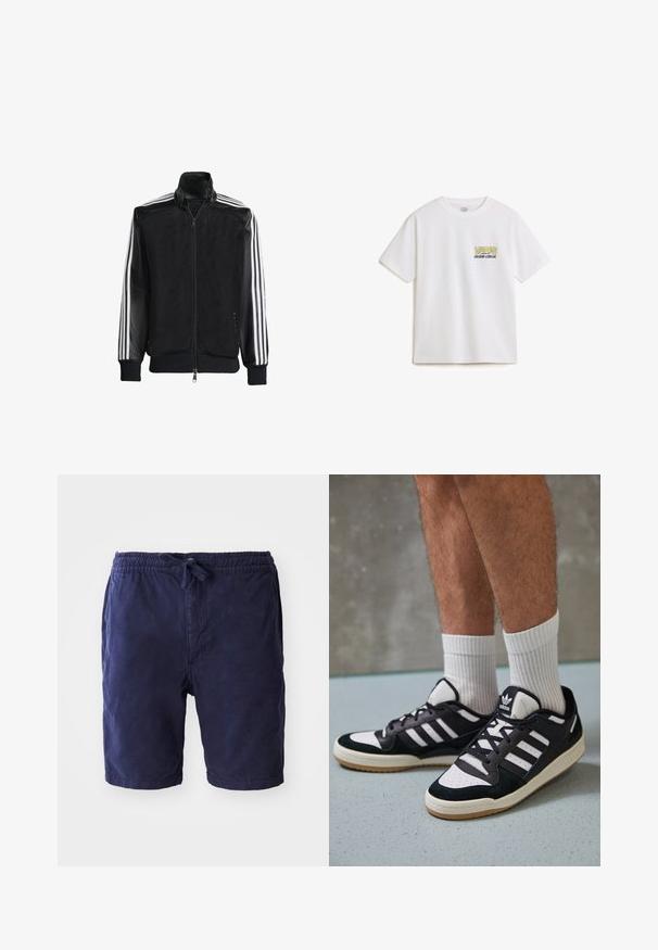 Schwarze Mesh-Jacke mit Reißverschluss vorne, die aus einem einfarbigen schwarzen Ärmeln und drei weißen Streifen an den Armen besteht. Gerippte Bündchen und Saum.; Weißes Baumwoll-T-Shirt mit kurzen Ärmeln, ausgestattet mit einem gelben und schwarzen "VANS"-Logo und dem Text "custom classic" auf der linken Brustseite.; Marineblaue Shorts mit elastischem Bund und verstellbarem Kordelzug. Aus einem leichten Stoff gefertigt und mit einer lockeren Passform.; Schwarz-weiße Sneaker mit einem Obermaterial aus Wildleder und Leder, ausgestattet mit drei weißen Streifen, einer perforierten Zehenpartie und einer Sohle aus Gummi.