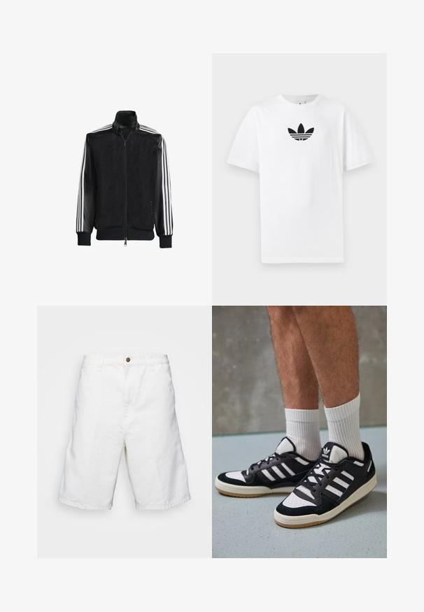 Črna mrežasta jakna z zadrgo spredaj, s trdnimi črnimi rokavi in tremi belimi črtami vzdolž rokavov. Rebrasti robovi in spodnji del.; Bela bombažna majica s črnim logojem Adidas na sredini. Kratki rokavi in oblikovanje z okrog lim. Gladka tekstura.; Beli bombažne kratke hlače s ravnim krojem, z gumbom in zanke za pas, gladko teksturo in dolžino do kolen.; Črno-bele superge z zgornjim delom iz usnja in nubuka, ki imajo tri bele črte, perforiran vrh prstov in podplat iz gume.