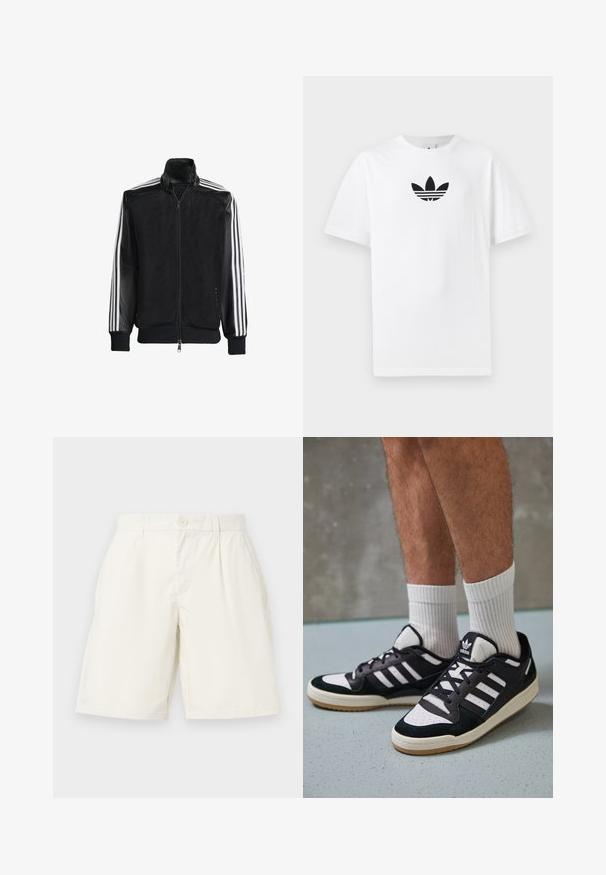 Μαύρο τζάκετ από δίχτυ με φερμουάρ μπροστά, με συμπαγή μαύρα μανίκια και τρεις λευκές ρίγες κατά μήκος των χεριών. Ριμπέ μανσέτες και στρίφωμα.; Λευκή βαμβακερή μπλούζα T-shirt με μαύρο λογότυπο Adidas στο κέντρο. Βραχίονας κοντός και σχέδιο με στρογγυλή λαιμόκοψη. Μαλακή υφή.; Άσπρες βαμβακερές βερμούδες με ίσια γραμμή, που διαθέτουν κλείσιμο με κουμπί και πλαϊνές τσέπες. Απαλή υφή και χωρίς εμφανή σχέδια.; Μαύρα και λευκά αθλητικά παπούτσια με άνω μέρος από σουέτ και δέρμα, featuring τρεις λευκές ρίγες, περατά δάχτυλα και σόλα από καουτσούκ τύπου γκαστ.