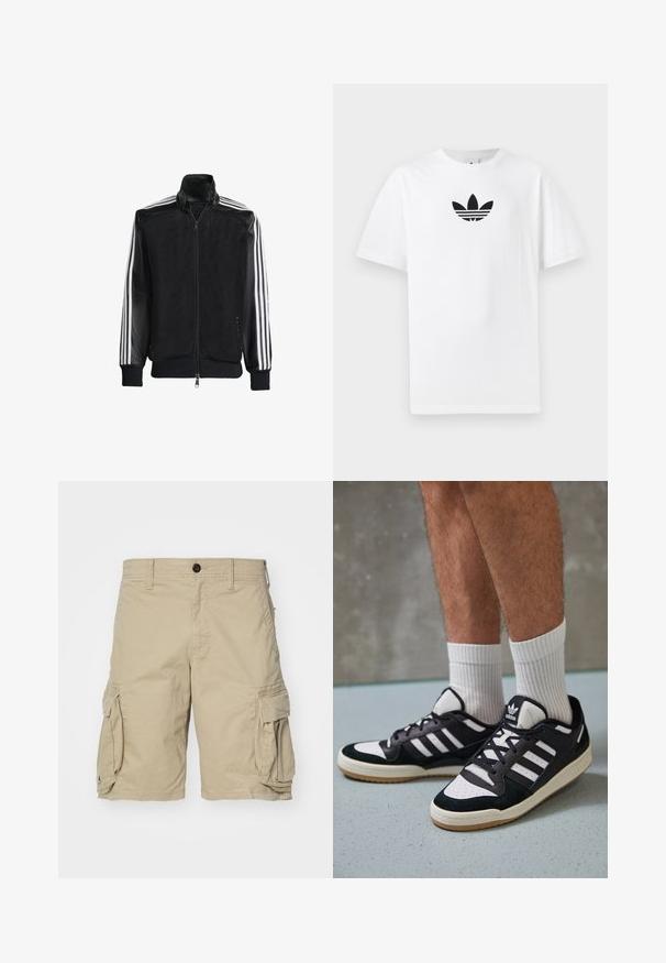 Čierna sieťovaná bunda so zipsom vpredu, s pevnými čiernymi rukávmi a tromi bielymi pruhmi po stranách rukávov. Žebrované manžety a spodný lem.; Biely bavlnený tričko s čiernym logom Adidas v strede. Krátke rukávy a okrúhly výstrih. Hladká textúra.; Béžové cargo šortky vyrobené z bavlnenej tkaniny, s bočnými vreckami, gombíkovým zapínaním a priamej strihu. Hladká textúra.; Čierno-biele tenisky s vrchom z semišu a kože, s troma bielymi pruhmi, perforovanou špičkou a gumovou podrážkou.