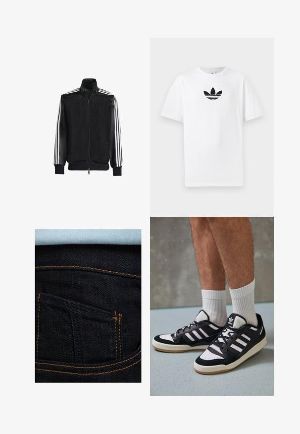 Črna mrežasta jakna z zadrgo spredaj, s trdnimi črnimi rokavi in tremi belimi črtami vzdolž rokavov. Rebrasti robovi in spodnji del.; Bela bombažna majica s črnim logojem Adidas na sredini. Kratki rokavi in oblikovanje z okrog lim. Gladka tekstura.; Temno modri traper hlače z oranžnim šivanjem, z zadaj vidno žepom in svetlo modro srajco, ki je vidna nad njimi. Gladka tekstura, klasičen dizajn.; Črno-bele superge z zgornjim delom iz usnja in nubuka, ki imajo tri bele črte, perforiran vrh prstov in podplat iz gume.