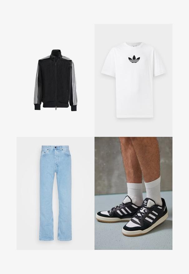 Černá síťovaná bunda na zip, s celými černými rukávy a třemi bílými pruhy podél rukávů. Hladké manžety a lem.; Bílá bavlněná tričko s černým logem Adidas uprostřed. Krátký rukáv a design s kulatým výstřihem. Hladká textura.; Světle modré denimové džíny se rovnými nohavicemi, vysokým pasem a designem s pěti kapsami. Obsahují zapínání na knoflík a jemné vyblednutí látky.; Černobílé tenisky s vrchní částí z semišové a kožené kůže, včetně tří bílých pruhů, perforovaného špičky a podrážky z gumy.