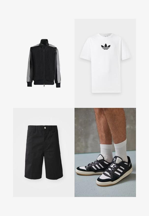 Czarna siateczkowa kurtka z zamkiem z przodu, z jednolitymi czarnymi rękawami i trzema białymi paskami wzdłuż ramion. Prążkowane mankiety i dół.; Biała bawełniana koszulka z krótkim rękawem, z czarnym logo Adidas na środku. Klasyczny fason z okrągłym dekoltem. Gładka tekstura.; Czarne bawełniane szorty z prostym krojem, szlufkami na pasek, metalowym zapięciem na guzik i bez widocznych wzorów czy akcentów.; Czarno-białe sneakersy z zamszową i skórzaną cholewką, z trzema białymi paskami, perforowanym czubkiem i gumową podeszwą w kolorze gumy.