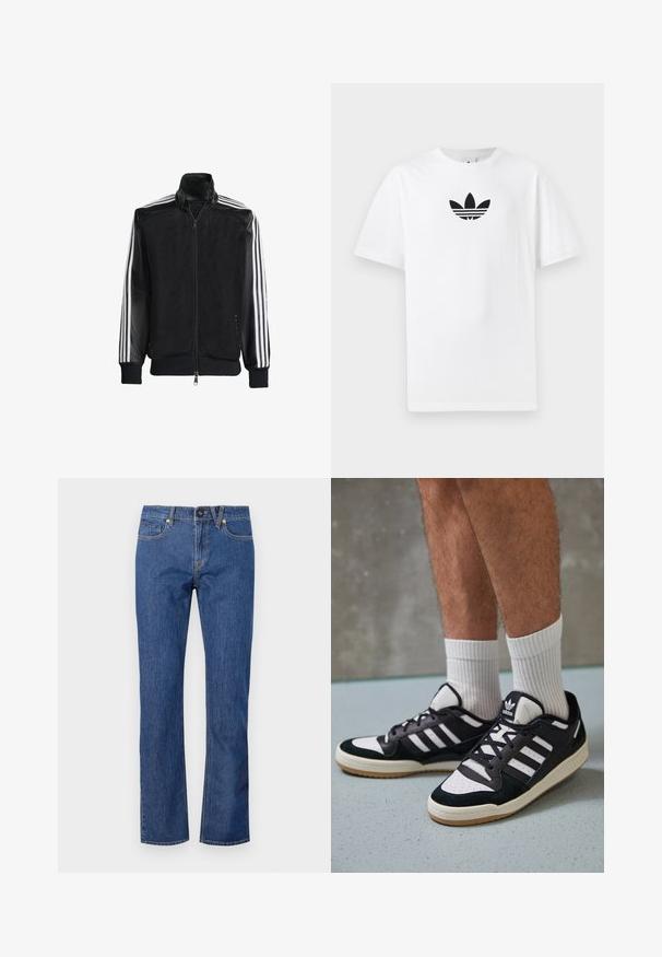 Črna mrežasta jakna z zadrgo spredaj, s trdnimi črnimi rokavi in tremi belimi črtami vzdolž rokavov. Rebrasti robovi in spodnji del.; Bela bombažna majica s črnim logojem Adidas na sredini. Kratki rokavi in oblikovanje z okrog lim. Gladka tekstura.; Modre denim hlače naravnega kroja z gumbom za zapiranje, zankami za pas in petimi žepi ter subtilnimi šivi.; Črno-bele superge z zgornjim delom iz usnja in nubuka, ki imajo tri bele črte, perforiran vrh prstov in podplat iz gume.