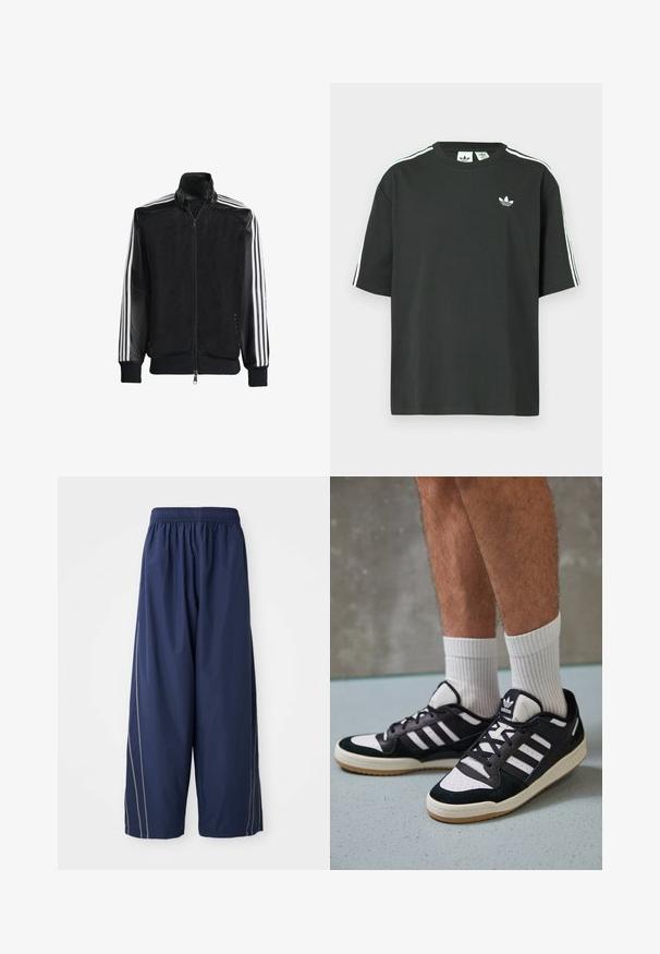 Musta verkkomantteli, jossa on vetoketjulla suljettava etuosa, mustat hihat ja kolme valkoista raitaa käsivarsilla. Ribbaatut hihansuut ja helma.; Musta puuvillainen t-paita, jossa on lyhyet hihat, pyöreä pääntie ja valkoiset kolmen raidan yksityiskohdat olkapäillä. Rinnan kohdalla on pieni valkoinen logo.; Navy sininen, löysät housut, joissa on elastinen vyötärö ja sivuraidat vaaleammassa sävyssä. Valmistettu sileästä, kevyestä materiaalista.; Valkoiset ja mustat tennarit, joissa on mokkanahka- ja nahkapäällinen, kolme valkoista raitaa, rei'itetty kärki ja kumipohja.