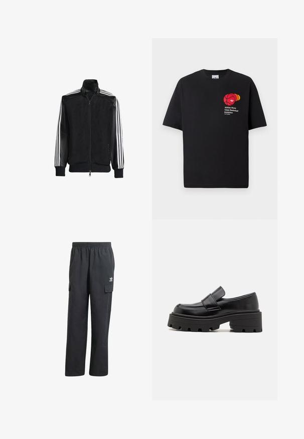 Schwarze Mesh-Jacke mit Reißverschluss vorne, die aus einem einfarbigen schwarzen Ärmeln und drei weißen Streifen an den Armen besteht. Gerippte Bündchen und Saum.; Schwarzes Baumwoll-T-Shirt mit rundem Halsausschnitt und kurzen Ärmeln, mit einem roten Basketball-Graphic und dem Text "Adidas World Class Basketball Exhibition."; Schwarze Cargo-Hosen mit einem elastischen Bund, zwei Seitentaschen und einem dezenten Logo auf dem linken Oberschenkel. Hergestellt aus einem leichten Stoff.; Schwarze Lederloafers mit einer robusten Gummisohle, die eine erhöhte Plattform und einen Riemen über dem Spann aufweisen. Glatte Textur und abgerundete Form.