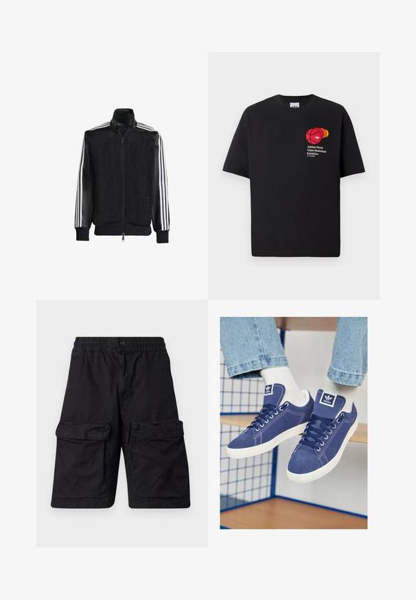 Giacca nera in rete con zip frontale, dotata di maniche nere solide e tre strisce bianche lungo le braccia. Polsini e orlo a coste.; T-shirt in cotone nero con colletto tondo, maniche corte, che presenta una grafica di un pallone da basket rosso e la scritta "Adidas World Class Basketball Exhibition."; Shorts neri realizzati in tessuto resistente, con vita elastica, due grandi tasche cargo su ciascun lato e dettagli di cucitura.; Sneakers Adidas blu navy in suede, con suole in gomma bianca, puntetonde e un logo cucito sulla linguetta. Calze bianche brillanti in vista.