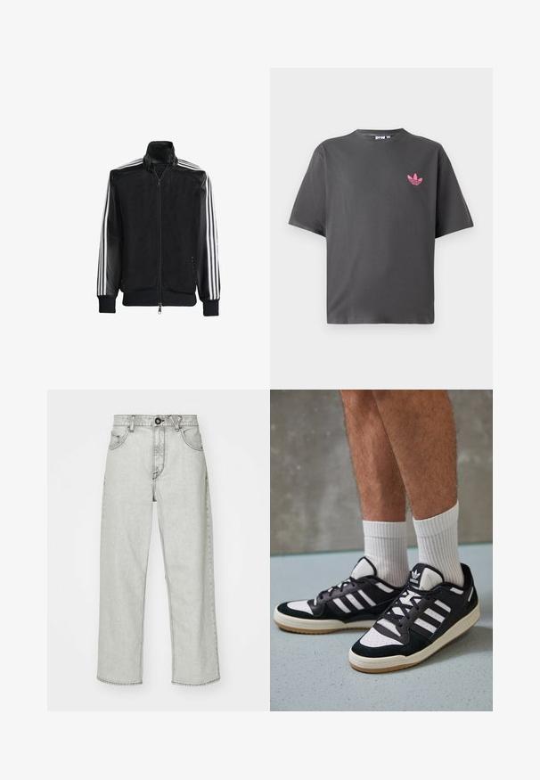 Chaqueta de malla negra con cierre de cremallera en la parte delantera, que presenta mangas negras sólidas y tres rayas blancas a lo largo de los brazos. Puños y dobladillo acanalados.; Camiseta de manga corta gris oscuro con un pequeño logo trefoil rosa de Adidas en el lado izquierdo del pecho, presentada sobre un fondo blanco.; Jeans de tiro alto en gris claro con un ajuste relajado, cinco bolsillos, cierre frontal con botón y un sutil patrón texturizado en la tela de mezclilla.; Zapatillas en blanco y negro con parte superior de ante y cuero, que presentan tres franjas blancas, una puntera perforada y una suela de goma.