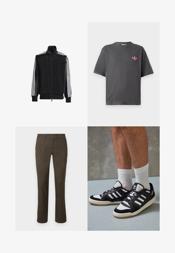 Black mesh jacket with a zip front, featuring solid black sleeves and three white stripes along the arms. Ribbed cuffs and hem.; Dark gray short-sleeve T-shirt with a small pink Adidas trefoil logo on the left chest, displayed against a white background.; Dark brown pants made of cotton blend. Features a button closure, straight leg design, and subtle texture with no visible patterns or embellishments.; Black and white sneakers with a suede and leather upper, featuring three white stripes, a perforated toe, and a gum rubber sole.