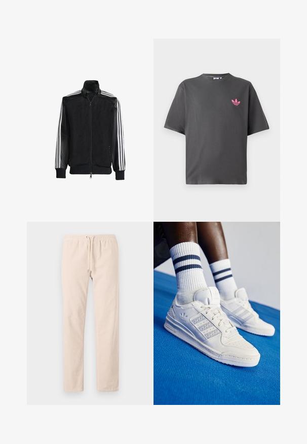 Juodas permatomas džemperis su užtrauktuku priekyje, turintis vientisas juodas rankoves ir tris baltas juostas ant rankų. Raukšlėtos rankogaliai ir apatinė dalis.; Tamsiai pilka trumpomis rankovėmis marškinėliai su mažuoju rožiniu Adidas trefoil logotipu kairiajame krūtinės kampe, pateikti prieš baltą foną.; Šviesiai smėlinės kelnės, pagamintos iš minkštos medžiagos, turi elastinį juosmenį su raišteliu ir tiesias kojas. Sklandus paviršius, be raštų.; Baltos odinės sportbačiai su perforuotais akcentais, trimis metalinėmis juostelėmis ir tekstūruotu šoniniu skydeliu. Dėvimi su baltais kojiniais, turinčiais mėlynas juosteles.