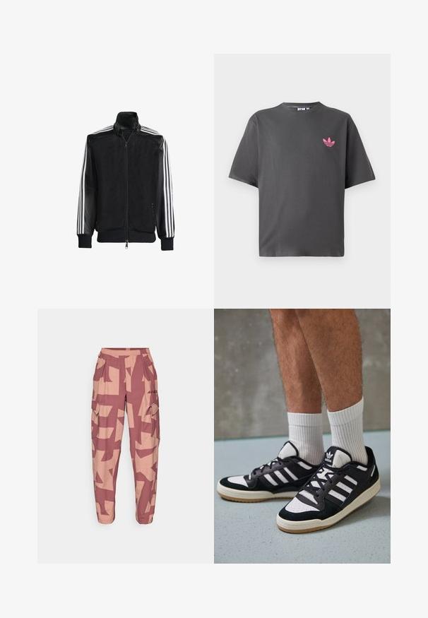 Must mustriga jope, millel on lukuga eesosa, ning mustad varrukad ja kolm valget triipu varrukate ääres. Ribaelastne mansett ja allääre.; Tumedashalline lühikeste varrukatega T-särk, millel on vasakul rinnal väike roosa Adidas trefoil logo, esitatud valge tausta ees.; Roosa ja kreemjas abstraktses mustris cargo püksid, millel on elastne vöökoht, küljetaskud ja mugavuse ning liikuvuse nimel lõdva lõige.; Mustvalged ja valged spordijalatsid, mille pealmine osa on valmistatud suede'ist ja nahast. Kingadel on kolm valget riba, auguline varvas ja kummist tald.