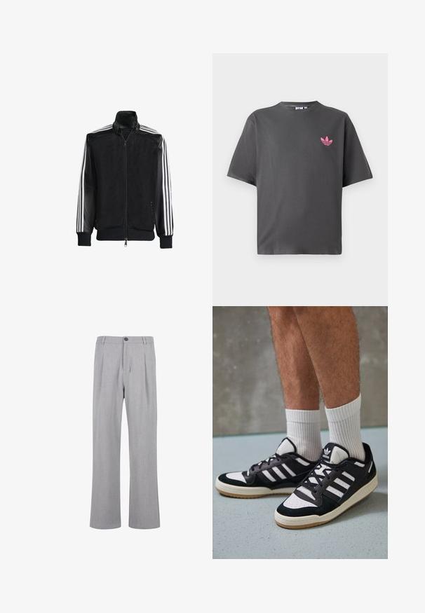 Veste en maille noire avec fermeture éclair à l'avant, présentant des manches noires unies et trois rayures blanches le long des bras. Poignets et ourlet côtelés.; T-shirt gris foncé à manches courtes avec un petit logo trefoil rose Adidas sur la poitrine gauche, présenté sur fond blanc.; Pantalons plissés gris en tissu léger, dotés d'une fermeture à bouton, de jambes large et d'une texture lisse avec un motif subtil.; Baskets noir et blanc avec une tige en suède et cuir, comportant trois rayures blanches, un bout perforé et une semelle en caoutchouc gum.