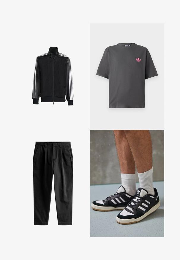 Svart nätjacka med dragkedja framtill, med enfärgade svarta ärmar och tre vita ränder längs armarna. Ribbstickade manschetter och nederkant.; Mörkgrå t-shirt med korta ärmar och en liten rosa Adidas trefoil-logga på vänster bröst, visad mot en vit bakgrund.; Svarta byxor i mjukt tyg, med skräddarsydd passform, främre veck och en klassisk midja med bälteshål.; Svartvita sneakers med ovandel i mocka och läder, med tre vita ränder, perforerad tå och sula av gummigummi.