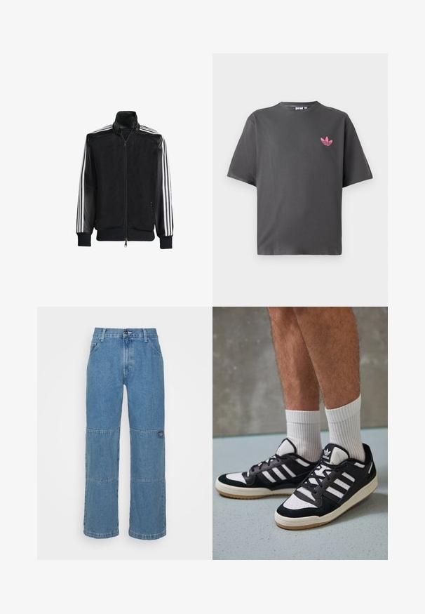 Juodas permatomas džemperis su užtrauktuku priekyje, turintis vientisas juodas rankoves ir tris baltas juostas ant rankų. Raukšlėtos rankogaliai ir apatinė dalis.; Tamsiai pilka trumpomis rankovėmis marškinėliai su mažuoju rožiniu Adidas trefoil logotipu kairiajame krūtinės kampe, pateikti prieš baltą foną.; Šviesiai mėlynos džinsinės kelnės su laisva pritaikymu, turinčios pačių siuvinėjimo skydus, viršutinį mygtuko uždarymą, penkių kišenių dizainą ir subtilų prekės ženklą ant kojos.; Juodos ir baltos sportinės bateliai su zomšiniu ir odiniu viršumi, su trimis baltomis juostelėmis, perforuota koja ir guminėmis padais.