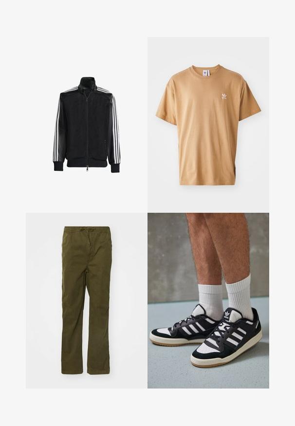 Svart mesh-jakke med glidelås foran, med solide svarte ermer og tre hvite striper langs armene. Ribbestrikkede mansjetter og nederkant.; Brun bomull t-skjorte med rund hals og kort erme. Har en liten hvit Adidas-logo på venstre bryst. Myk tekstur, avslappet passform.; Bomull cargo bukser i oliven grønn, med strikkete liv, rette ben, sidelommer og en glatt tekstur.; Sorte og hvite sneakers med overdel i semsket skinn og lær, med tre hvite striper, perforert tå og en såle av gummi.