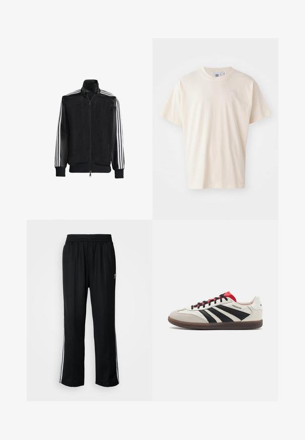 Veste en maille noire avec fermeture éclair à l'avant, présentant des manches noires unies et trois rayures blanches le long des bras. Poignets et ourlet côtelés.; T-shirt en coton crème avec un col rond et des manches courtes ; présente un petit logo de couleur claire sur la poitrine.; Pantalons de sport noirs avec une taille élastique, ornés de rayures blanches sur les côtés et d'un petit logo. Le matériau semble doux et léger.; Baskets blanches et noires avec des accents rouges, offrant un dessus en cuir et en daim, trois rayures noires, des lacets plats et une semelle en caoutchouc texturée.