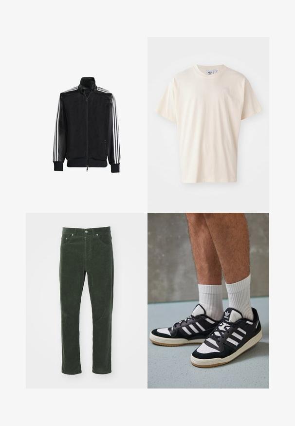 Must mustriga jope, millel on lukuga eesosa, ning mustad varrukad ja kolm valget triipu varrukate ääres. Ribaelastne mansett ja allääre.; Kreemist puuvillast T-särk, millel on ümar kaelus ja lühikesed varrukad; esiküljel on väike, heledavärviline logo.; Roheline vaskingpüksid sirge säärega disainiga, viie taskuga, metallist nööp sulgemisega ja tekstuuriga ribaline pind.; Mustvalged ja valged spordijalatsid, mille pealmine osa on valmistatud suede'ist ja nahast. Kingadel on kolm valget riba, auguline varvas ja kummist tald.