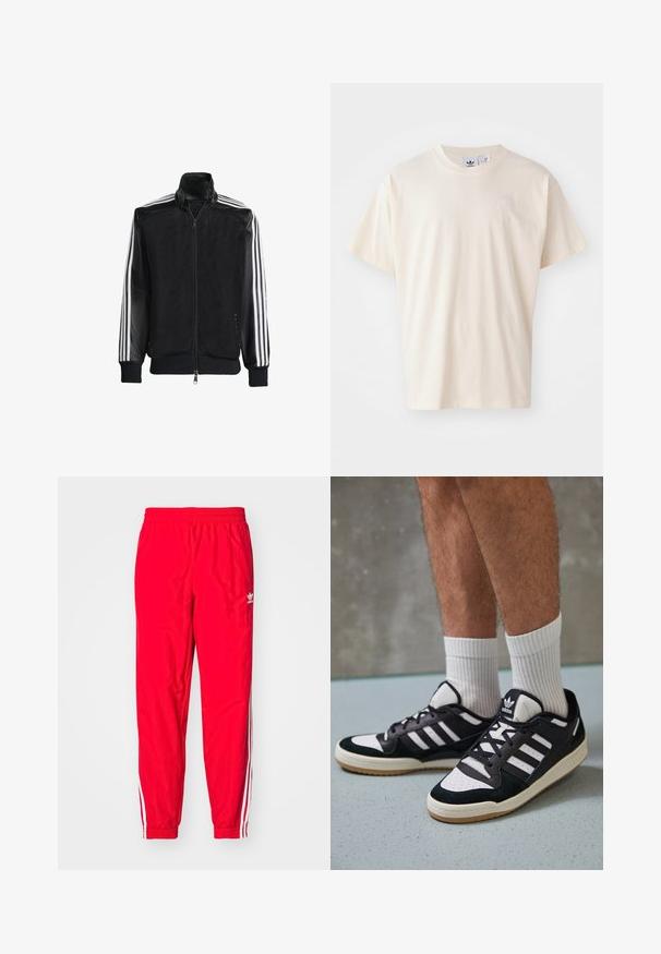 Jaqueta de malha preta com fecho zip, apresentando mangas pretas sólidas e três riscas brancas ao longo dos braços. Punhos e bainha canelados.; T-shirt de algodão creme com decote redondo e mangas curtas; apresenta um pequeno logotipo de cor clara no peito.; Calças atléticas vermelhas com um cinto elástico, detalhes brancos em listras ao longo dos lados e um pequeno logotipo branco na coxa esquerda.; Ténis em preto e branco com upper em camurça e couro, apresentando três riscas brancas, um toe perfurado e uma sola em borracha de goma.