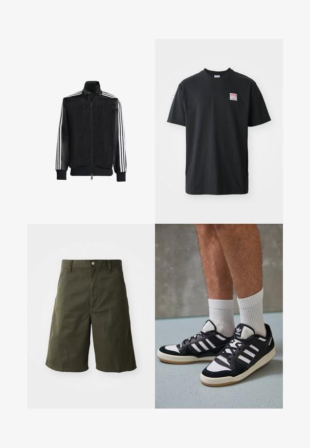Veste en maille noire avec fermeture éclair à l'avant, présentant des manches noires unies et trois rayures blanches le long des bras. Poignets et ourlet côtelés.; T-shirt en coton noir avec col rond, manches courtes, et une petite étiquette colorée sur la poitrine gauche avec le mot "SUPERIOR."; Shorts en coton verts avec une coupe droite, dotés d'une fermeture à bouton et de poches latérales. Texture lisse, longueur au genou.; Baskets noir et blanc avec une tige en suède et cuir, comportant trois rayures blanches, un bout perforé et une semelle en caoutchouc gum.