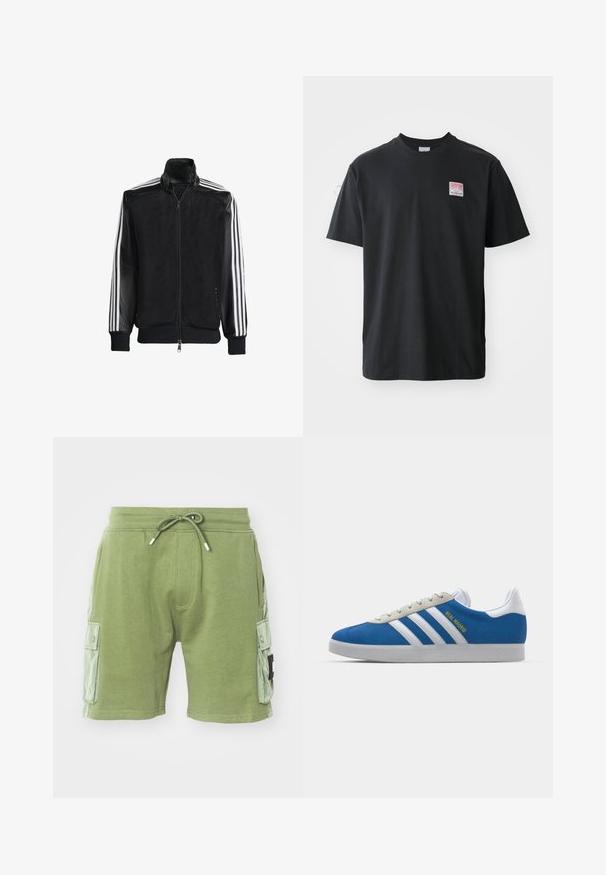 Veste en maille noire avec fermeture éclair à l'avant, présentant des manches noires unies et trois rayures blanches le long des bras. Poignets et ourlet côtelés.; T-shirt en coton noir avec col rond, manches courtes, et une petite étiquette colorée sur la poitrine gauche avec le mot "SUPERIOR."; Shorts en coton verts avec taille élastique et cordon de serrage. Comprend deux poches cargo latérales et des accents de panneaux texturés sur les côtés.; adidas Originals ADIDAS GAZELLE SHOES - Chaussures de football en salle - real madrid/bluebird/footwear white/crew yellow