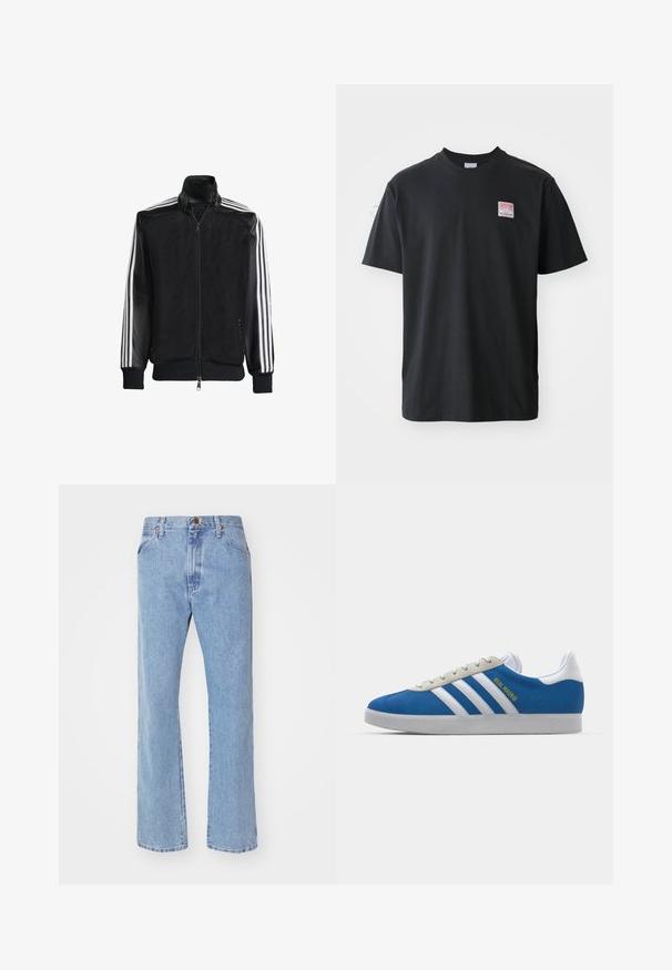 Jaqueta de malha preta com fecho zip, apresentando mangas pretas sólidas e três riscas brancas ao longo dos braços. Punhos e bainha canelados.; T-shirt de algodão preto com decote redondo, mangas curtas e uma pequena etiqueta colorida no lado esquerdo do peito com a palavra "SUPERIOR."; Jeans de denim azul claro com uma cintura alta, design de perna reta e bolsos frontais. Apresenta acessórios em cobre e um leve efeito de desbotado.; adidas Originals ADIDAS GAZELLE SHOES - Botas de futebol de salão - real madrid/bluebird/footwear white/crew yellow