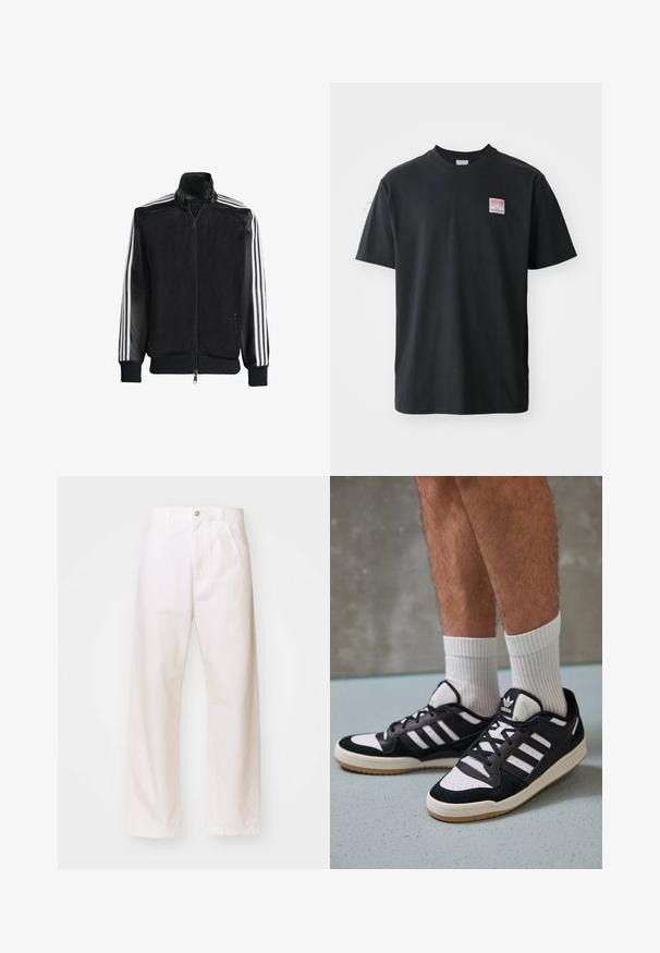 Crna mrežasta jakna s patentnim zatvaračem sprijeda, koja ima čvrste crne rukave i tri bijele pruge duž ruku. Riblje manžetne i rub.; Crna pamučna majica s okruglim izrezom, kratkim rukavima i malom obojenom etiketom na lijevoj strani prsiju na kojoj piše "SUPERIOR."; Bijele pamučne hlače širokih nogavica s kopčanjem na dugme, s petljama za pojas i dva prednja džepa. Glatka tekstura, klasičan dizajn i ravnomjerni kroj.; Crne i bijele tenisice s gornjim dijelom od antilopa i kože, s tri bijele pruge, perforiranim prstom i gumiranim potplatom.