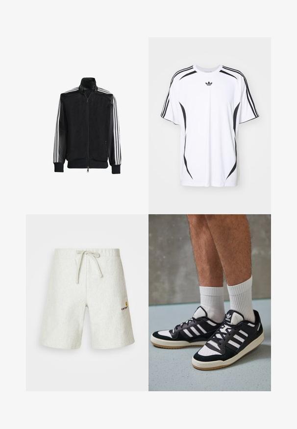 Črna mrežasta jakna z zadrgo spredaj, s trdnimi črnimi rokavi in tremi belimi črtami vzdolž rokavov. Rebrasti robovi in spodnji del.; Bela kratka majica s kratkimi rokavi, ki ima črne stranske akcentne in tri črne črte na ramenskih delih. Vključuje majhen črn logotip na prsih.; Svetlo sivi kratki hlače iz teksturiranega materiala. Imajo nastavljiv pas z vrvico in majhen logotip na levi strani.; Črno-bele superge z zgornjim delom iz usnja in nubuka, ki imajo tri bele črte, perforiran vrh prstov in podplat iz gume.