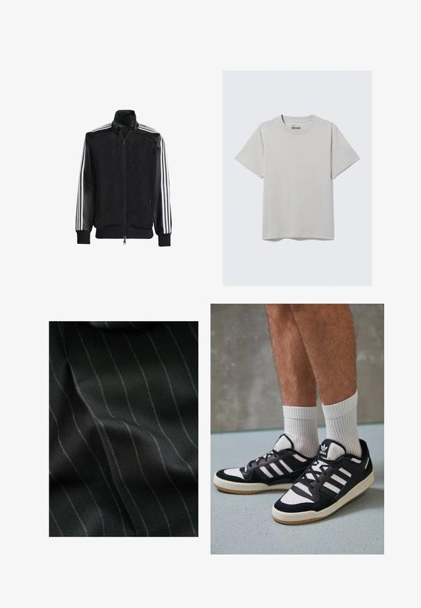 Veste en maille noire avec fermeture éclair à l'avant, présentant des manches noires unies et trois rayures blanches le long des bras. Poignets et ourlet côtelés.; T-shirt en coton gris clair avec un col rond et des manches courtes, arborant un design minimaliste et une coupe décontractée. Aucun motif ni accent.; Tissu noir avec un motif en chevrons et de fines rayures blanches. La texture semble lisse avec une profondeur subtile due au tissage.; Baskets noir et blanc avec une tige en suède et cuir, comportant trois rayures blanches, un bout perforé et une semelle en caoutchouc gum.