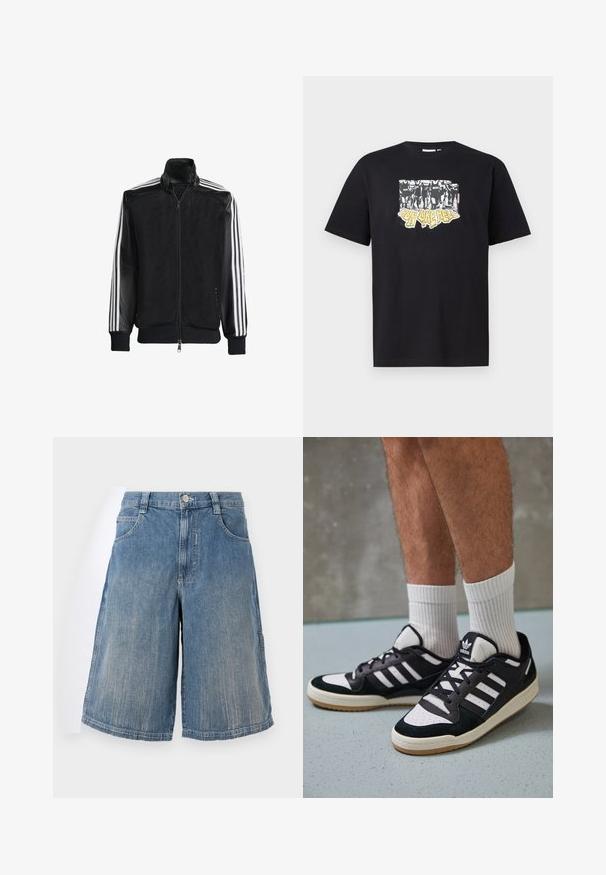 Black mesh jacket with a zip front, featuring solid black sleeves and three white stripes along the arms. Ribbed cuffs and hem.; Black cotton t-shirt featuring a graphic print in white and yellow with the text "IRON LIKE HELL" and a design of silhouettes.; BDG Urban Outfitters SKATE - Denim shorts - blue; Black and white sneakers with a suede and leather upper, featuring three white stripes, a perforated toe, and a gum rubber sole.