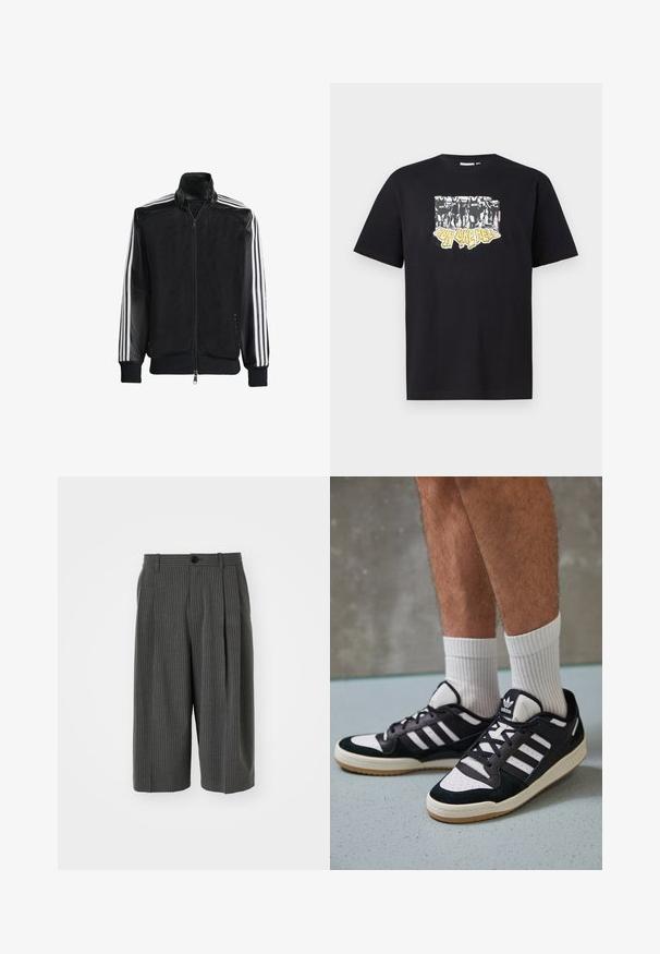 Črna mrežasta jakna z zadrgo spredaj, s trdnimi črnimi rokavi in tremi belimi črtami vzdolž rokavov. Rebrasti robovi in spodnji del.; Črna bombažna majica s thatsko grafiko v beli in rumeni barvi, ki vsebuje besedilo "IRON LIKE HELL" in obliko silhuet.; Sive prugaste široke kratke hlače z zapiranjem na gumb in nagubanimi sprednjimi deli. Narejene iz teksturiranega blaga, z izdelanim dizajnom.; Črno-bele superge z zgornjim delom iz usnja in nubuka, ki imajo tri bele črte, perforiran vrh prstov in podplat iz gume.