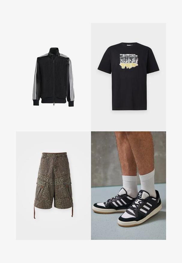 Veste en maille noire avec fermeture éclair à l'avant, présentant des manches noires unies et trois rayures blanches le long des bras. Poignets et ourlet côtelés.; T-shirt en coton noir avec un imprimé graphique en blanc et jaune portant le texte "IRON LIKE HELL" et un design de silhouettes.; Shorts cargo camouflés en vert et marron avec un motif léopard, dotés de plusieurs poches, de cordons de serrage réglables et de détails de couture renforcée.; Baskets noir et blanc avec une tige en suède et cuir, comportant trois rayures blanches, un bout perforé et une semelle en caoutchouc gum.