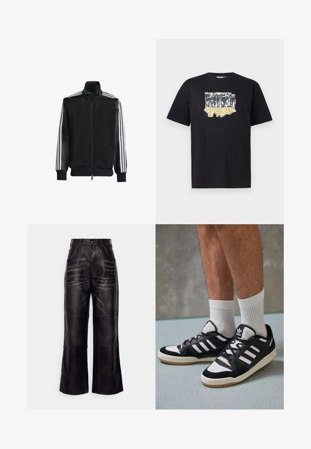 Juodas permatomas džemperis su užtrauktuku priekyje, turintis vientisas juodas rankoves ir tris baltas juostas ant rankų. Raukšlėtos rankogaliai ir apatinė dalis.; Juodas medvilninis marškinėlis su grafiniu spaudiniu baltos ir geltonos spalvos, kuriame yra tekstas "IRON LIKE HELL" ir siluetų dizainas.; Juodos odinės plačios kojos kelnės su lygiu paviršiumi, priekinėmis kišenėmis, diržo kilputėmis ir subtiliomis vertikaliomis raštais ant audinio.; Juodos ir baltos sportinės bateliai su zomšiniu ir odiniu viršumi, su trimis baltomis juostelėmis, perforuota koja ir guminėmis padais.