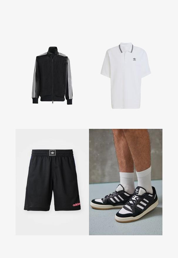 Jaqueta de malha preta com fecho zip, apresentando mangas pretas sólidas e três riscas brancas ao longo dos braços. Punhos e bainha canelados.; Camisa polo branca feita de algodão, com um colarinho canelado com riscas pretas e um pequeno logotipo preto no lado esquerdo do peito. Mangas curtas.; Calções atléticos pretos feitos de um tecido texturizado e respirável. Apresenta um cós elástico e um logótipo rosa "adidas" no canto inferior direito.; Ténis em preto e branco com upper em camurça e couro, apresentando três riscas brancas, um toe perfurado e uma sola em borracha de goma.