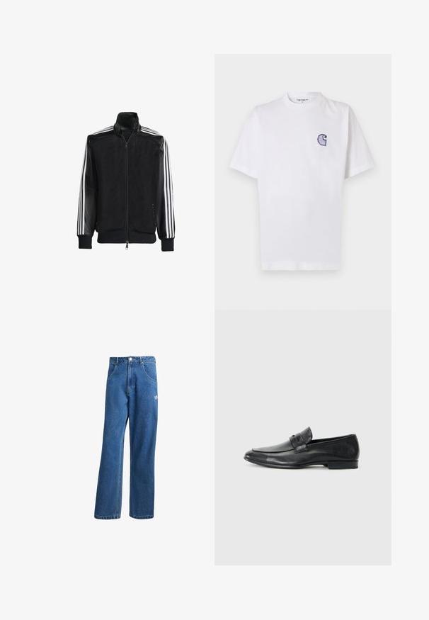 Black mesh jacket with a zip front, featuring solid black sleeves and three white stripes along the arms. Ribbed cuffs and hem.; White cotton t-shirt with short sleeves, round neckline, and a small, embroidered blue "C" logo on the left chest area.; Blue high-waist wide-leg denim jeans with front pockets, belt loops, button closure, and small Adidas logo on the right thigh.; Black leather loafers featuring a rounded toe, stitched detailing, wide strap across the vamp, and a low, flat heel. Smooth finish.