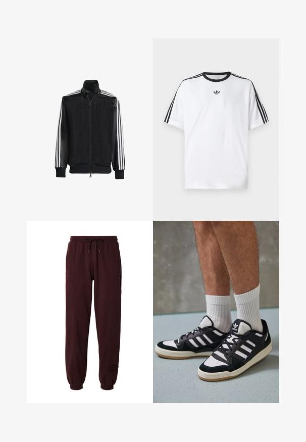 Črna mrežasta jakna z zadrgo spredaj, s trdnimi črnimi rokavi in tremi belimi črtami vzdolž rokavov. Rebrasti robovi in spodnji del.; Bela majica iz bombaža z črnimi okroglimi izrezi in tremi črnimi črtami na vsakem ramu. Majhen črn logotip na prsih.; Bordo trenirke iz mehkega materiala, ki imajo elastičen pas z vrvico, manšete na gležnjih in diskretne detajle na stranskih panelih.; Črno-bele superge z zgornjim delom iz usnja in nubuka, ki imajo tri bele črte, perforiran vrh prstov in podplat iz gume.