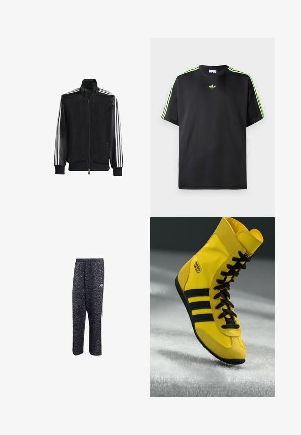 Jaqueta de malha preta com fecho zip, apresentando mangas pretas sólidas e três riscas brancas ao longo dos braços. Punhos e bainha canelados.; T-shirt preto feito de tecido liso com decote redondo, apresentando três riscas verdes nos ombros e um pequeno logo verde no peito.; Calças atléticas pretas com um padrão de estampa de leopardo, apresentando um design de três riscas brancas e um logotipo de marca atlética na lateral.; Sneakers de cano alto feitos de material sintético amarelo, com cordões pretos, três riscas pretas e marcação na lateral. Sola de borracha texturizada.