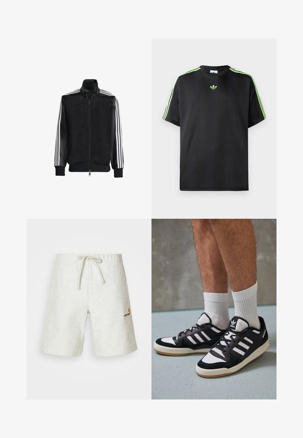 Svart mesh-jakke med glidelås foran, med solide svarte ermer og tre hvite striper langs armene. Ribbestrikkede mansjetter og nederkant.; Svart t-skjorte laget av glatt stoff med rund hals, med tre grønne striper på skuldrene og en liten grønn logo på brystet.; Lys grå shorts laget av et teksturert materiale. Har en justerbar snøring i midjen og en liten logo på venstre side.; Sorte og hvite sneakers med overdel i semsket skinn og lær, med tre hvite striper, perforert tå og en såle av gummi.