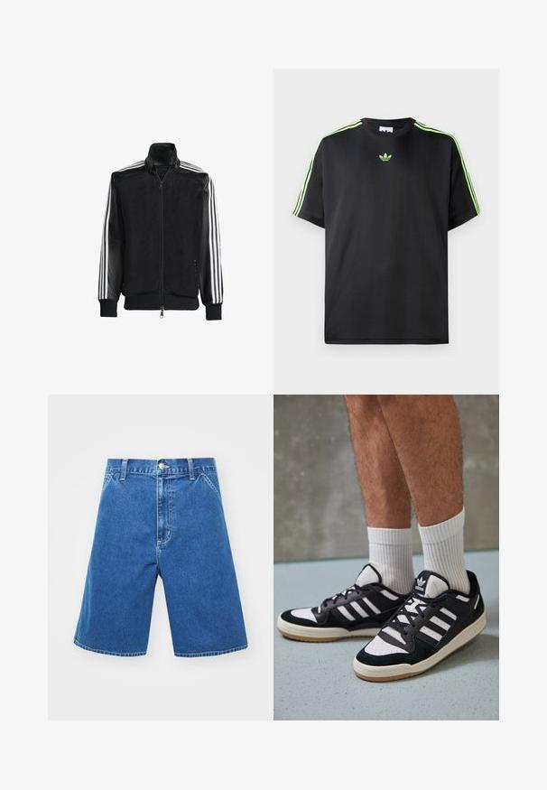 Čierna sieťovaná bunda so zipsom vpredu, s pevnými čiernymi rukávmi a tromi bielymi pruhmi po stranách rukávov. Žebrované manžety a spodný lem.; Čierne tričko z hladkej tkaniny s okrúhlym výstrihom, s tromi zelenými pruhmi na ramenách a malým zeleným logom na hrudi.; Džínové šortky v modrej farbe, vo voľnom strihu, s polovičným pásom, prednými vreckami a zapínaním na gombík. Švy sú ozdobené prešívaním.; Čierno-biele tenisky s vrchom z semišu a kože, s troma bielymi pruhmi, perforovanou špičkou a gumovou podrážkou.
