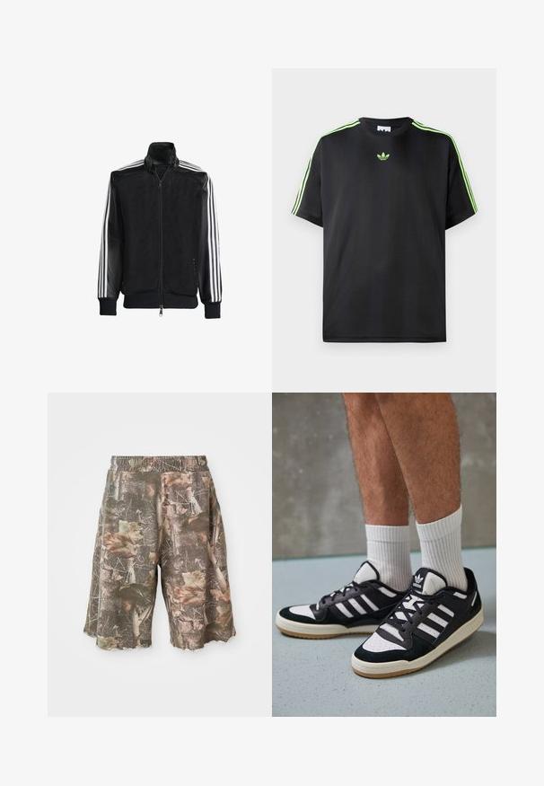 Černá síťovaná bunda na zip, s celými černými rukávy a třemi bílými pruhy podél rukávů. Hladké manžety a lem.; Černé tričko vyrobené z hladké tkaniny s kulatým výstřihem, s třemi zelenými pruhy na ramenou a malým zeleným logem na hrudi.; Kraťasy s camo vzorem a elastickým pasem, kombinující zelenou, hnědou a béžovou barvu, s třepeným lemem pro drsný vzhled.; Černobílé tenisky s vrchní částí z semišové a kožené kůže, včetně tří bílých pruhů, perforovaného špičky a podrážky z gumy.