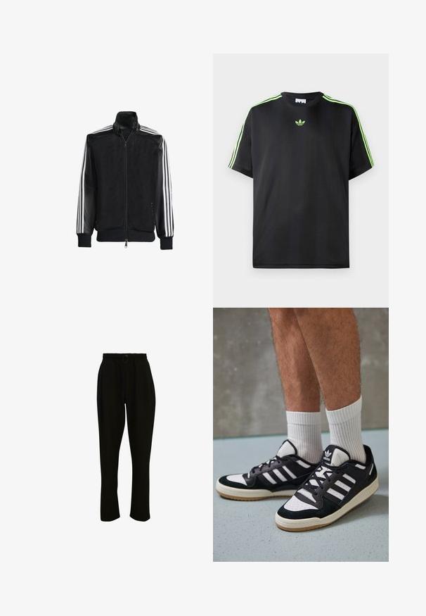 Veste en maille noire avec fermeture éclair à l'avant, présentant des manches noires unies et trois rayures blanches le long des bras. Poignets et ourlet côtelés.; T-shirt noir en tissu lisse avec un col rond, présentant trois bandes vertes sur les épaules et un petit logo vert sur la poitrine.; Pantalons noirs à côtes avec une taille élastique, dotés d'un cordon de serrage et de jambes larges. Le tissu est doux avec une texture lisse.; Baskets noir et blanc avec une tige en suède et cuir, comportant trois rayures blanches, un bout perforé et une semelle en caoutchouc gum.