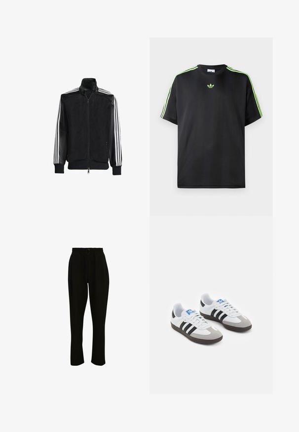 Chaqueta de malla negra con cierre de cremallera en la parte delantera, que presenta mangas negras sólidas y tres rayas blancas a lo largo de los brazos. Puños y dobladillo acanalados.; Camiseta negra de tejido suave con cuello redondo, que presenta tres rayas verdes en los hombros y un pequeño logo verde en el pecho.; Pantalones negros de canalé con cintura elástica, que cuentan con cordón y piernas anchas. La tela es suave y tiene una textura lisa.; Zapatillas deportivas con parte superior de piel blanca, puntera de ante gris y tres rayas negras. Presentan un logo azul en la lengüeta y una suela de goma texturizada.