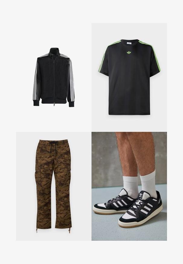 Sort meshjakke med lynlås foran, med ensfarvede sorte ærmer og tre hvide striber langs armene. Ribbet manchetter og kant.; Sort T-shirt lavet af glat stof med rund halsudskæring, der har tre grønne striber på skuldrene og et lille grønt logo på brystet.; Brune cargo bukser med et tekstureret camouflage mønster, udstyret med elastisk talje, snor og sidelommer. Casual fit, lige ben.; Sorte og hvide sneakers med en overdel i ruskind og læder, der har tre hvide striber, en perforeret tå og en sål i gummigummi.
