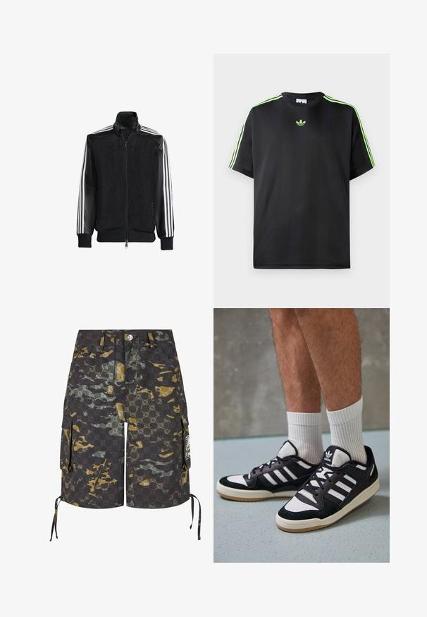 Juodas permatomas džemperis su užtrauktuku priekyje, turintis vientisas juodas rankoves ir tris baltas juostas ant rankų. Raukšlėtos rankogaliai ir apatinė dalis.; Juodas marškinėliai, pagaminti iš lygios medžiagos, su apykakle, turinčia tris žalias juosteles ant pečių ir mažą žalią logotipą ant krūtinės.; Kargo šortai iš kamufliažo audinio su tamsiai pilkais, žaliais ir geltonais raštais. Įtrauktos šoninės kišenės ir reguliuojami raišteliai.; Juodos ir baltos sportinės bateliai su zomšiniu ir odiniu viršumi, su trimis baltomis juostelėmis, perforuota koja ir guminėmis padais.