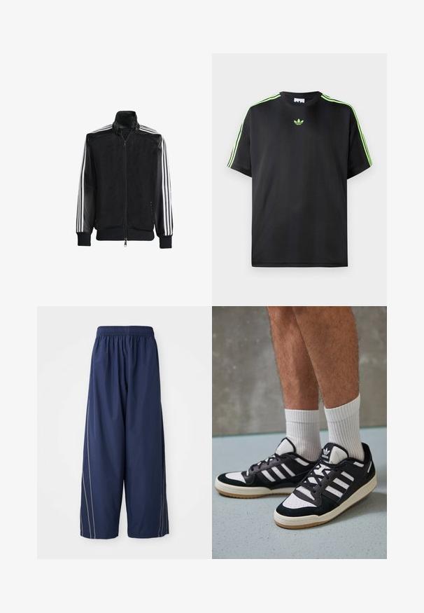Jaqueta de malha preta com fecho zip, apresentando mangas pretas sólidas e três riscas brancas ao longo dos braços. Punhos e bainha canelados.; T-shirt preto feito de tecido liso com decote redondo, apresentando três riscas verdes nos ombros e um pequeno logo verde no peito.; Calças azul-marinho, de corte largo, com um cós elástico e riscas laterais em tom mais claro. Feitas de um material leve e suave.; Ténis em preto e branco com upper em camurça e couro, apresentando três riscas brancas, um toe perfurado e uma sola em borracha de goma.