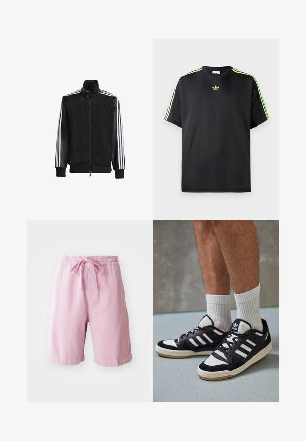 Sort meshjakke med lynlås foran, med ensfarvede sorte ærmer og tre hvide striber langs armene. Ribbet manchetter og kant.; Sort T-shirt lavet af glat stof med rund halsudskæring, der har tre grønne striber på skuldrene og et lille grønt logo på brystet.; Lyserøde shorts lavet af bomuld, med elastisk talje og snoretræk, samt lige ben med stikninger ved kanten.; Sorte og hvide sneakers med en overdel i ruskind og læder, der har tre hvide striber, en perforeret tå og en sål i gummigummi.