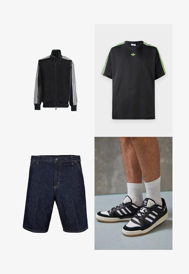 Črna mrežasta jakna z zadrgo spredaj, s trdnimi črnimi rokavi in tremi belimi črtami vzdolž rokavov. Rebrasti robovi in spodnji del.; Črna majica iz gladkega materiala s krožnim izrezom, na ramenih pa ima tri zelene črte in majhen zelen logotip na prsih.; Jeans kratke hlače v temno modri barvi z rumenim šivom, z gumbom spredaj, pasom za pas in stranskimi žepi. Gladka tekstura, zasnova do kolen.; Črno-bele superge z zgornjim delom iz usnja in nubuka, ki imajo tri bele črte, perforiran vrh prstov in podplat iz gume.