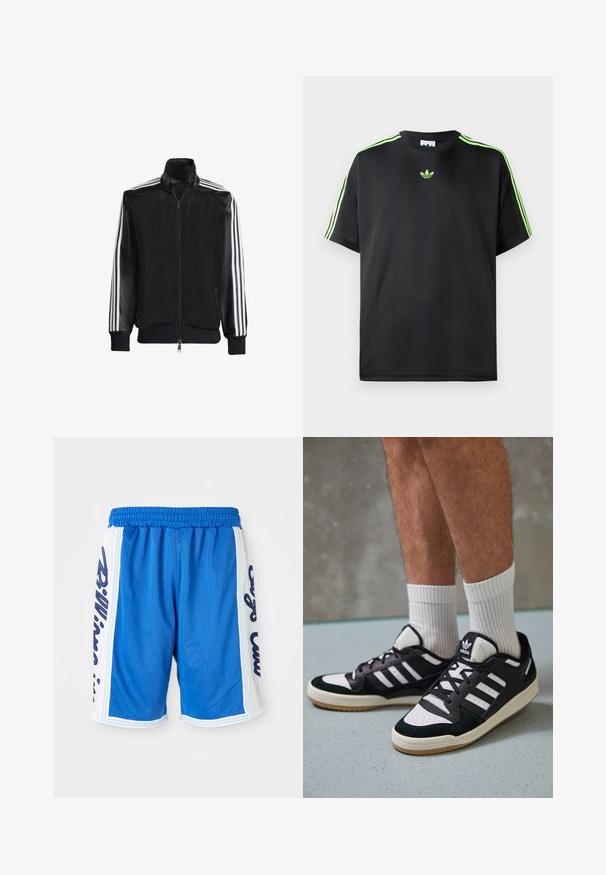 Zwarte maillotjas met een rits aan de voorkant, met stevige zwarte mouwen en drie witte strepen langs de armen. Geribbelde manchetten en zoom.; Zwarte T-shirt van gladde stof met een ronde halslijn, voorzien van drie groene strepen op de schouders en een klein groen logo op de borst.; Blauwe mesh sportshorts met een elastische tailleband, met witte zijpanelen en zwarte letterdetails aan beide zijden.; Zwart-witte sneakers met een bovenwerk van suede en leer, voorzien van drie witte strepen, een geperforeerde neus en een rubberen gumzool.