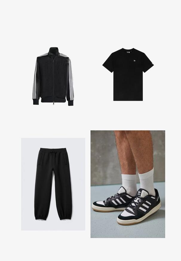 Fekete hálós dzseki, elöl cipzárral, amelynek egyszínű fekete ujjai és három fehér csíkja van a karokon. Rugalmas mandzsetták és derék.; Fekete pamut póló, kerek nyakkal, rövid ujjú, bal mellen egy kis fehér logóval, további minták vagy díszítések nélkül.; Fekete melegítőnadrág, állítható derekú, rugalmas mandzsettákkal és két oldalsó zsebből áll. Puha anyagból készült, sima textúrával.; Fekete-fehér tornacipők velúr és bőr felsőrésszel, három fehér csíkkal, perforált orral és gumi talppal.