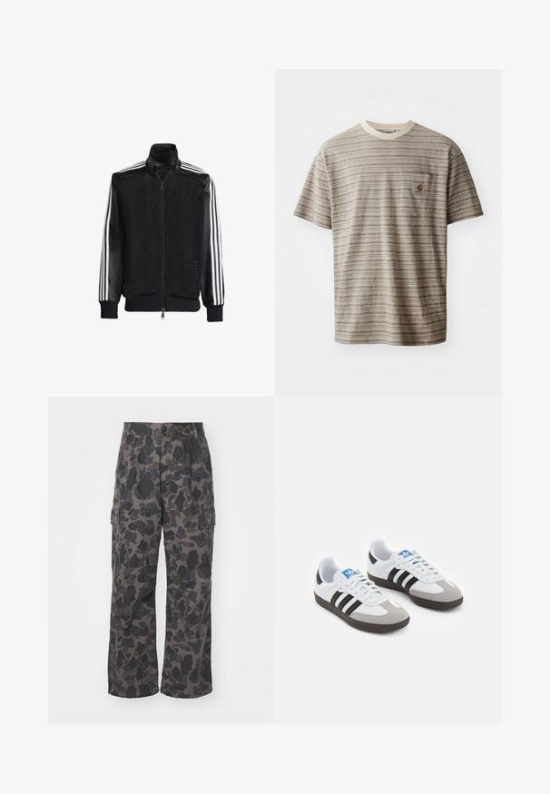 Fekete hálós dzseki, elöl cipzárral, amelynek egyszínű fekete ujjai és három fehér csíkja van a karokon. Rugalmas mandzsetták és derék.; Rövidujjú csíkos póló bézs és barna színben, kerek nyakkivágással és logópatchelt mellzsebbel. Texturált anyag.; Sötét szürke cargo nadrág, álcázó mintával, laza szabással, gombos záródással és oldalsó zsebekkel a tárolásra.; Fehér bőr felsőrészes sportcipő, szürke velúrból készült orral és három fekete csíkkal. Jellemzője a kék logó a nyelvén és egy texturált gumitalp.